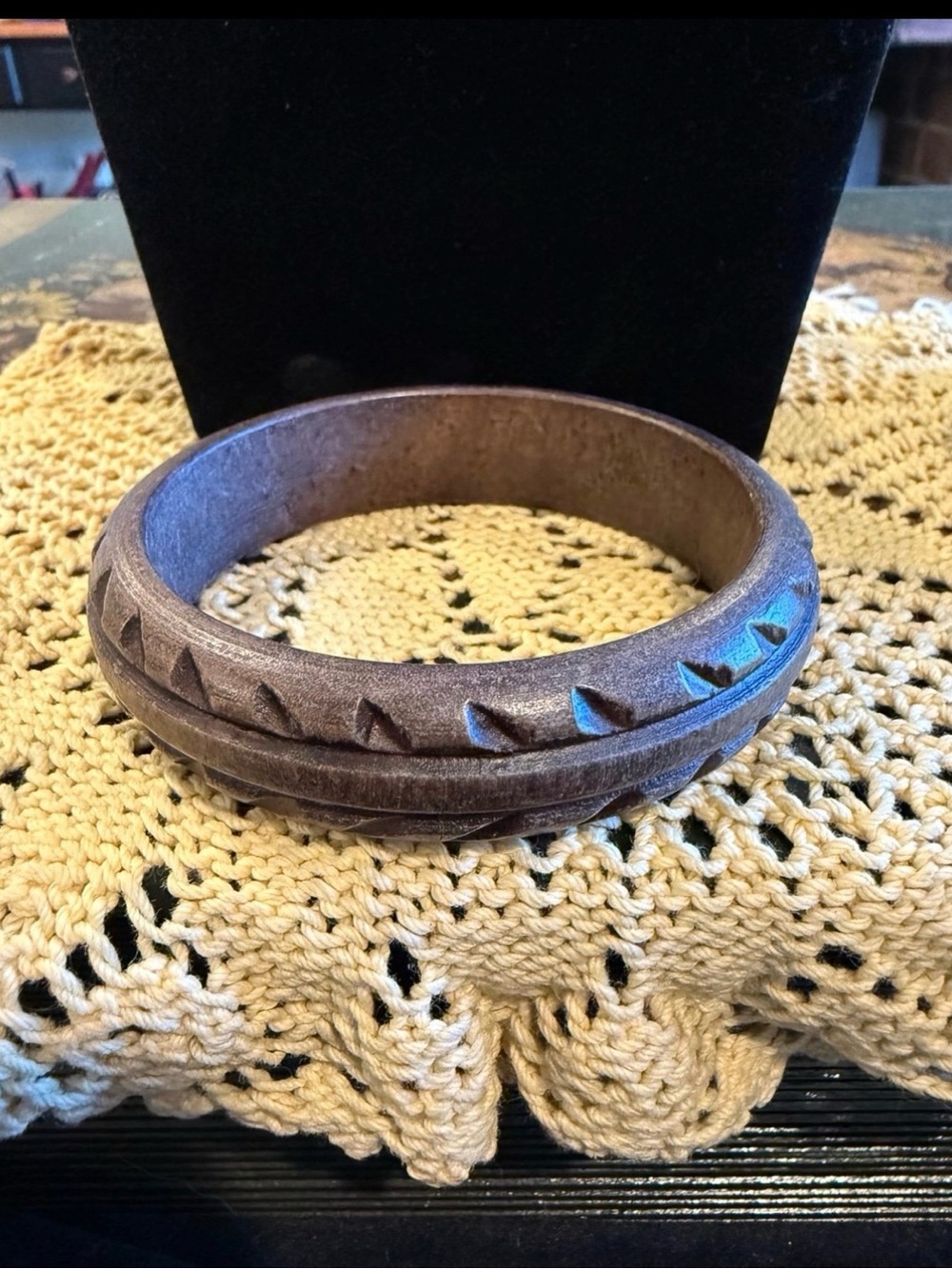 Carved Brown Wooden Bangle Bracelet - Rustic Boho Style